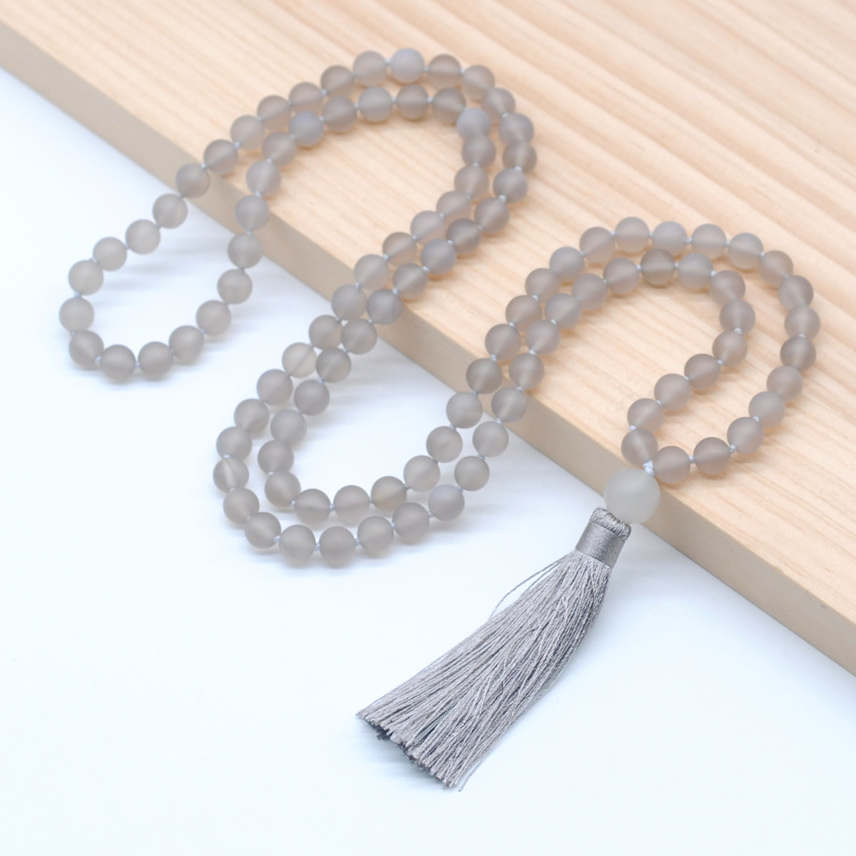 GMN06 Hand-Knotted Matte Grey Agate 108 Beads Mala Necklace