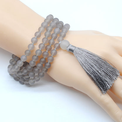 GMN06 Hand-Knotted Matte Grey Agate 108 Beads Mala Necklace