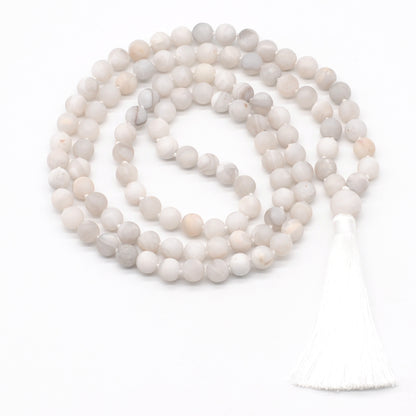 GMN09 Hand-Knotted Matte White Crazy Agate 108 Beads Mala Necklace