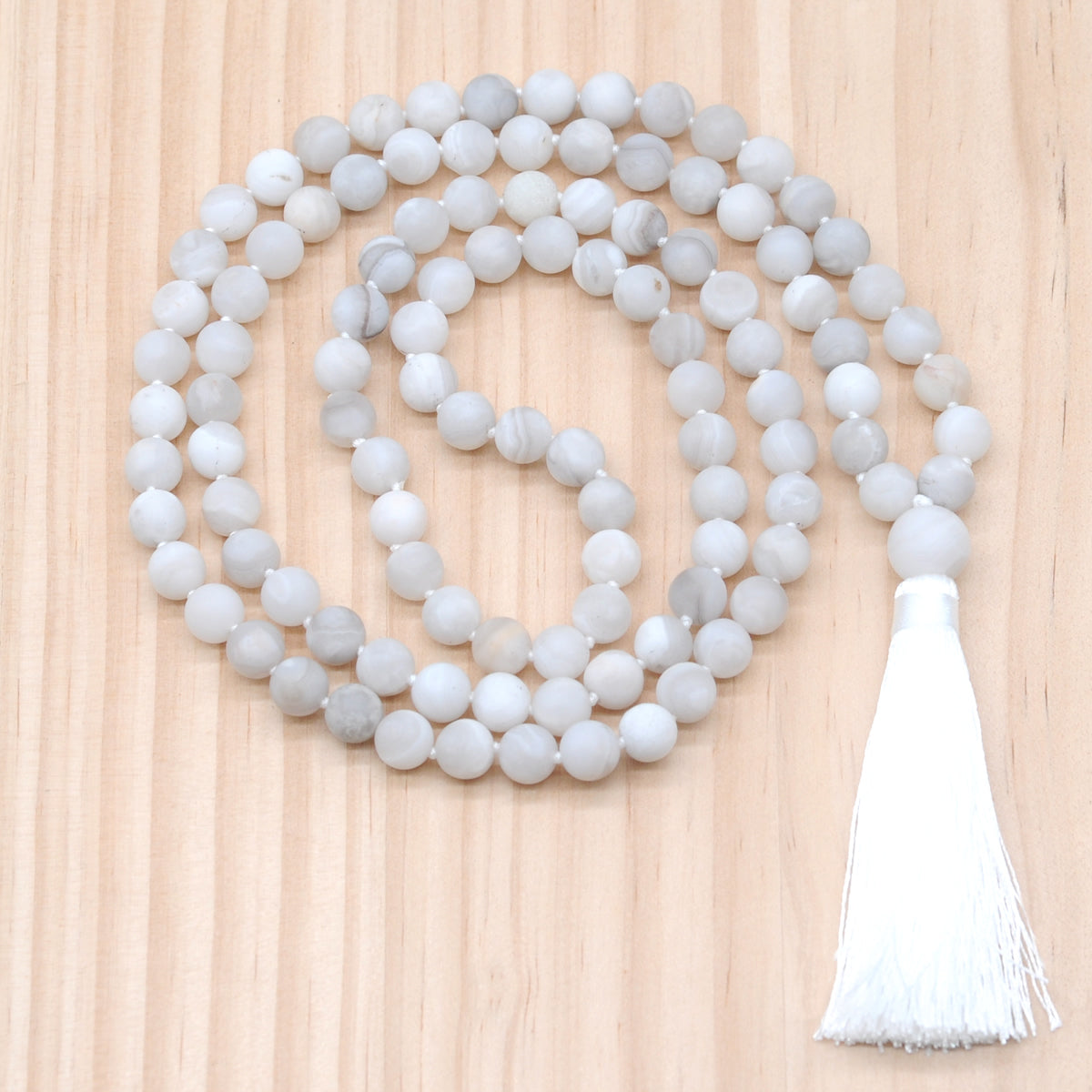 GMN09 Hand-Knotted Matte White Crazy Agate 108 Beads Mala Necklace