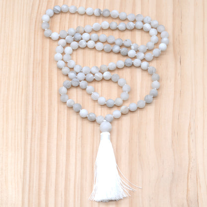 GMN09 Hand-Knotted Matte White Crazy Agate 108 Beads Mala Necklace