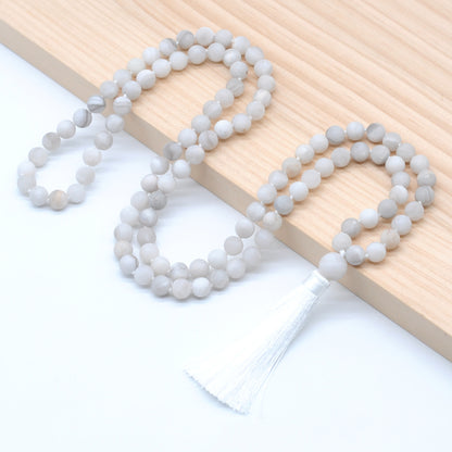 GMN09 Hand-Knotted Matte White Crazy Agate 108 Beads Mala Necklace