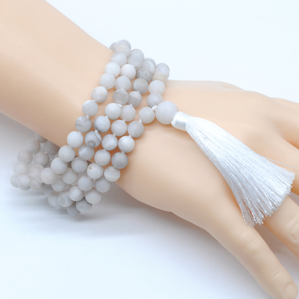 GMN09 Hand-Knotted Matte White Crazy Agate 108 Beads Mala Necklace