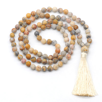 GMN10 Hand-Knotted Matte Yellow Crazy Agate 108 Beads Mala Necklace