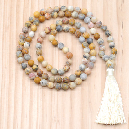 GMN10 Hand-Knotted Matte Yellow Crazy Agate 108 Beads Mala Necklace