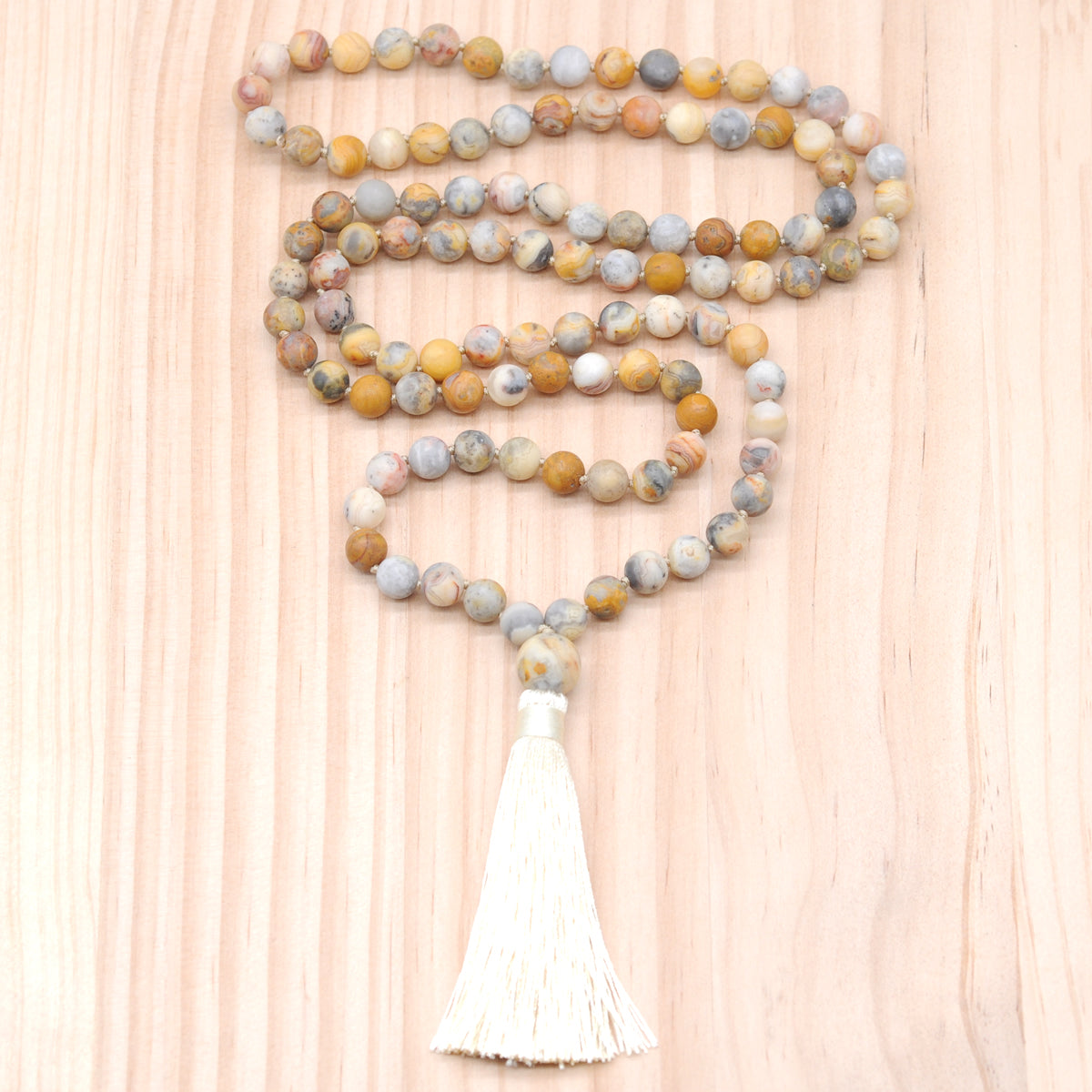 GMN10 Hand-Knotted Matte Yellow Crazy Agate 108 Beads Mala Necklace