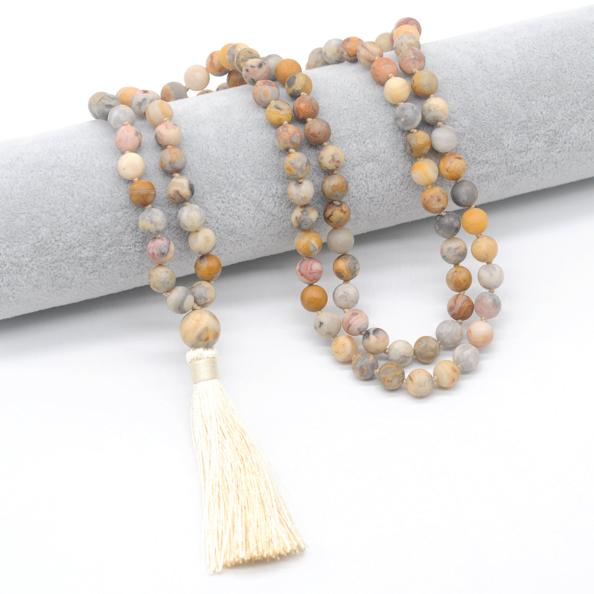 GMN10 Hand-Knotted Matte Yellow Crazy Agate 108 Beads Mala Necklace