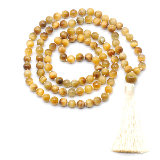 GMN101 Hand-Knotted Smooth Golden Tiger Eye 108 Beads Mala Necklace