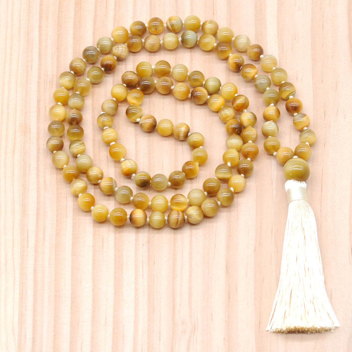 GMN101 Hand-Knotted Smooth Golden Tiger Eye 108 Beads Mala Necklace