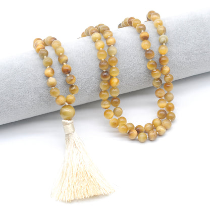 GMN101 Hand-Knotted Smooth Golden Tiger Eye 108 Beads Mala Necklace