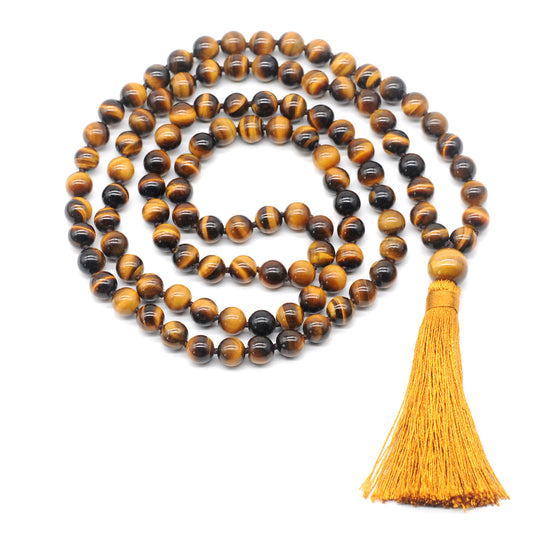 GMN103 Hand-Knotted Smooth Yellow Tiger Eye 108 Beads Mala Necklace