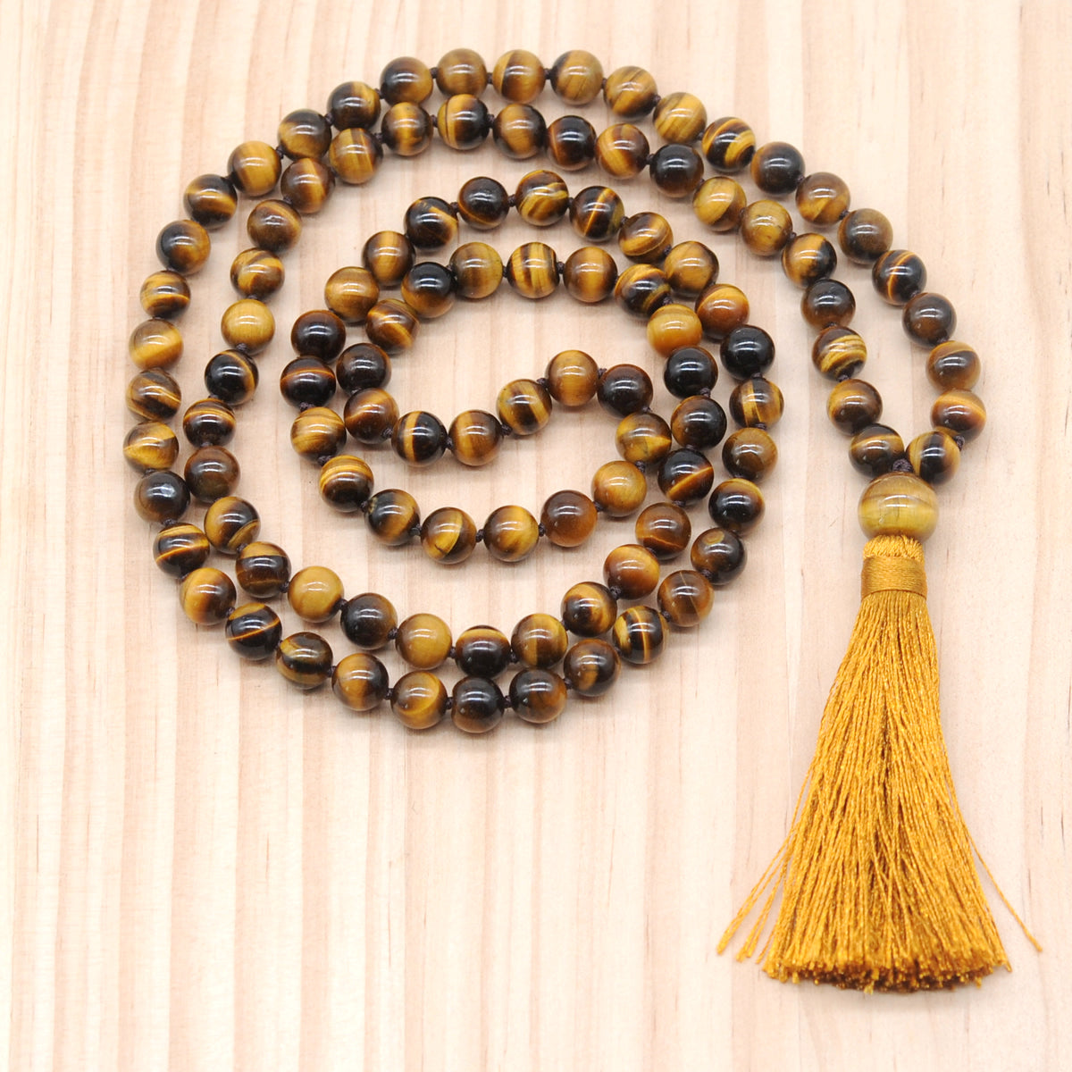 GMN103 Hand-Knotted Smooth Yellow Tiger Eye 108 Beads Mala Necklace