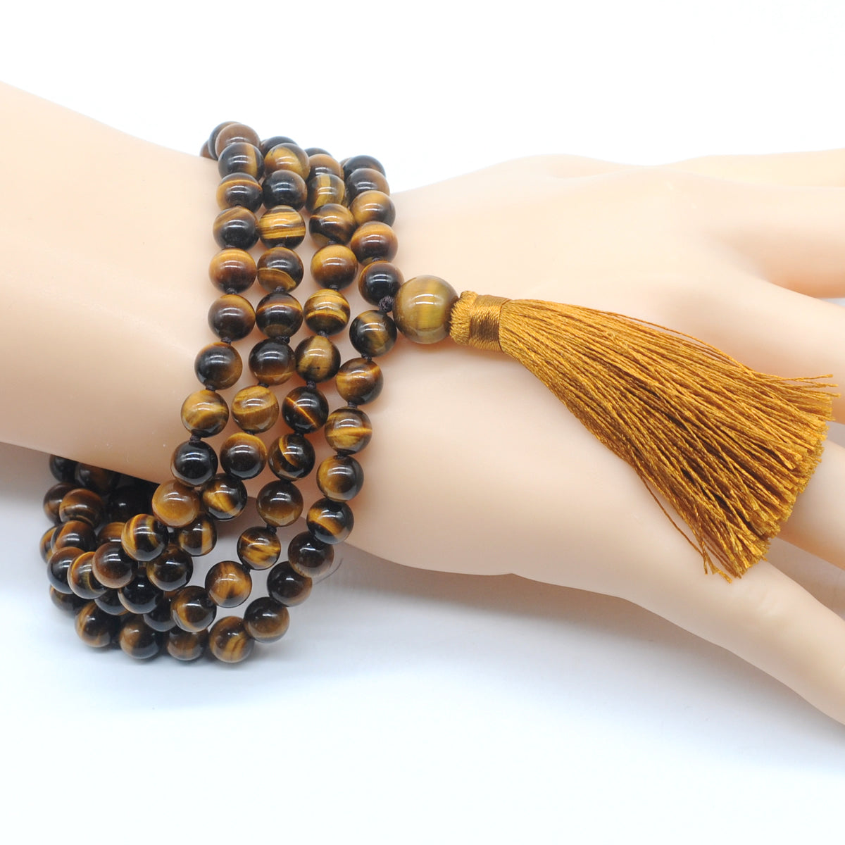 GMN103 Hand-Knotted Smooth Yellow Tiger Eye 108 Beads Mala Necklace