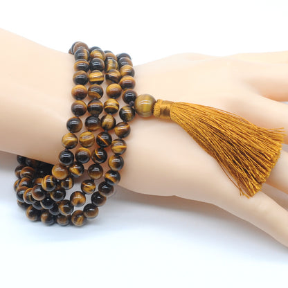 GMN103 Hand-Knotted Smooth Yellow Tiger Eye 108 Beads Mala Necklace