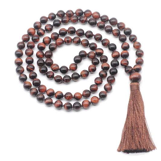 GMN105 Hand-Knotted Smooth Red Tiger Eye 108 Beads Mala Necklace