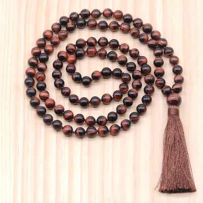 GMN105 Hand-Knotted Smooth Red Tiger Eye 108 Beads Mala Necklace