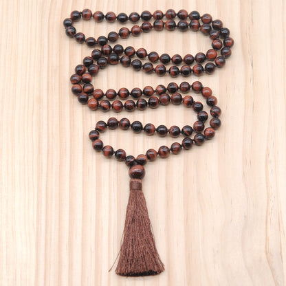 GMN105 Hand-Knotted Smooth Red Tiger Eye 108 Beads Mala Necklace