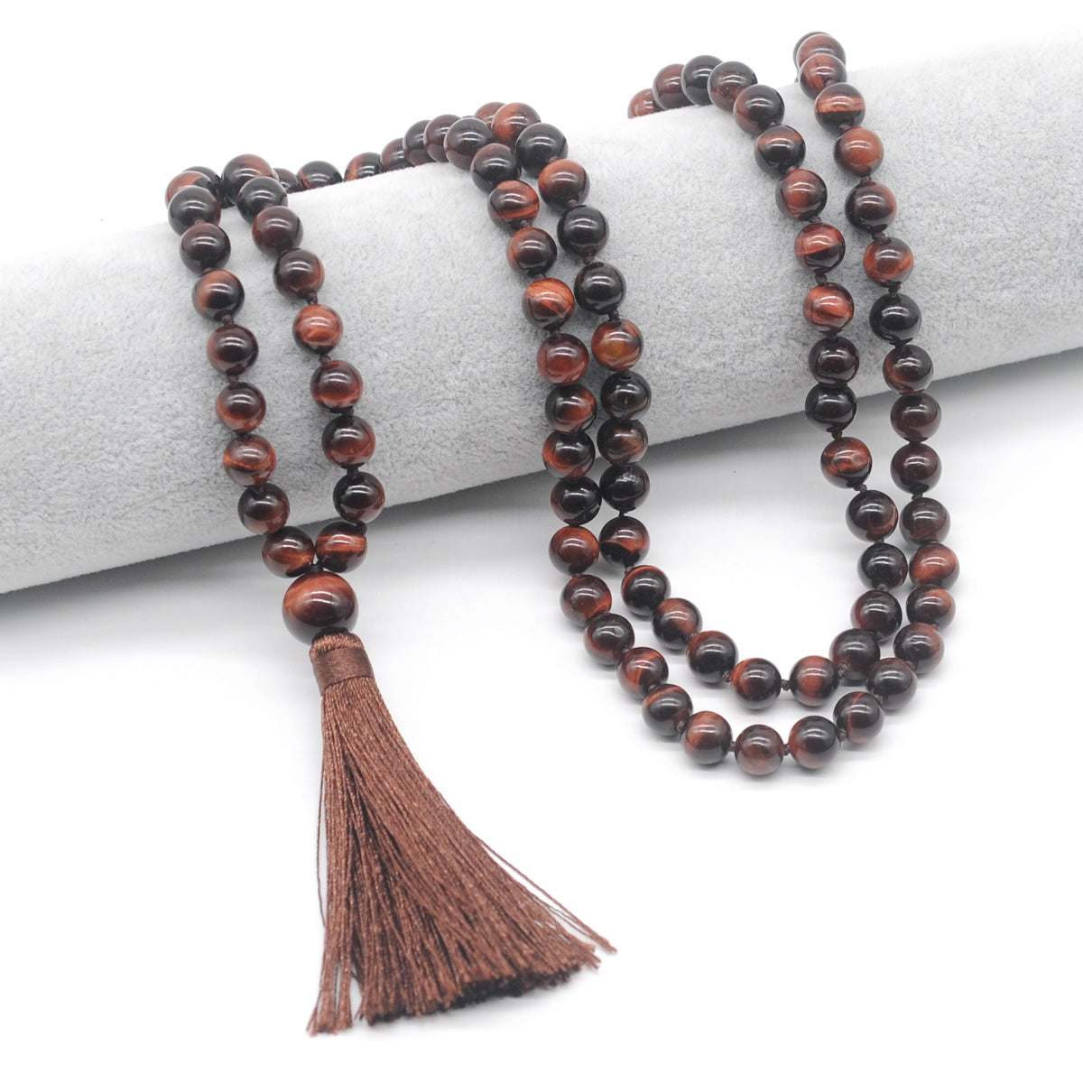 GMN105 Hand-Knotted Smooth Red Tiger Eye 108 Beads Mala Necklace