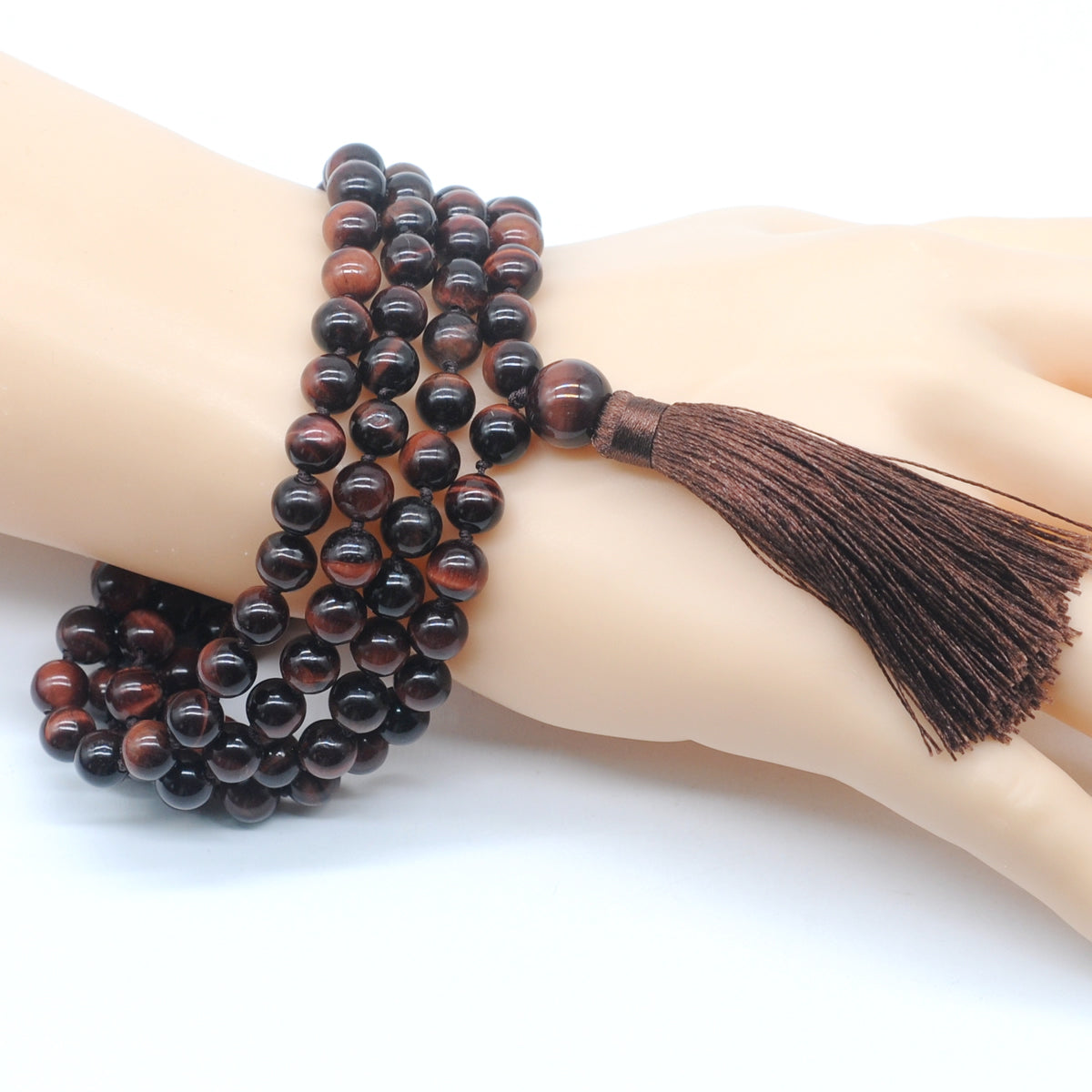 GMN105 Hand-Knotted Smooth Red Tiger Eye 108 Beads Mala Necklace