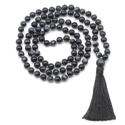 GMN107 Hand-Knotted Smooth Blue Tiger Eye 108 Beads Mala Necklace