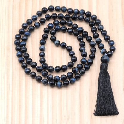 GMN107 Hand-Knotted Smooth Blue Tiger Eye 108 Beads Mala Necklace