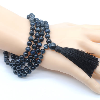 GMN107 Hand-Knotted Smooth Blue Tiger Eye 108 Beads Mala Necklace