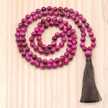 GMN108 Hand-Knotted Smooth Red Tiger Eye 108 Beads Mala Necklace