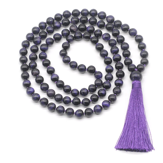 GMN109 Hand-Knotted Smooth Purple Tiger Eye 108 Beads Mala Necklace