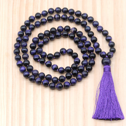 GMN109 Hand-Knotted Smooth Purple Tiger Eye 108 Beads Mala Necklace