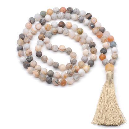 GMN11 Hand-Knotted Matte Bamboo Leaf Agate 108 Beads Mala Necklace