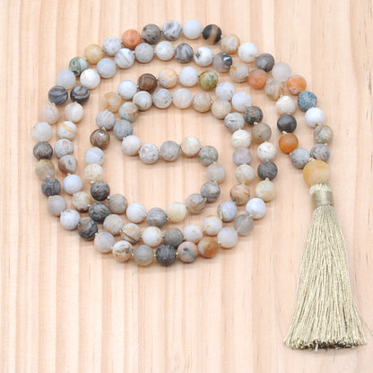 GMN11 Hand-Knotted Matte Bamboo Leaf Agate 108 Beads Mala Necklace