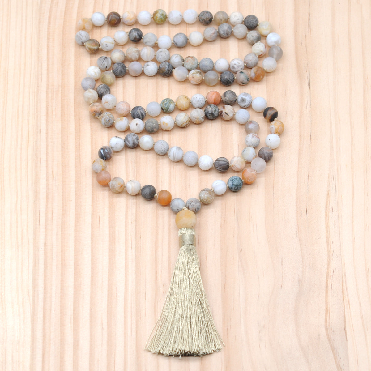 GMN11 Hand-Knotted Matte Bamboo Leaf Agate 108 Beads Mala Necklace