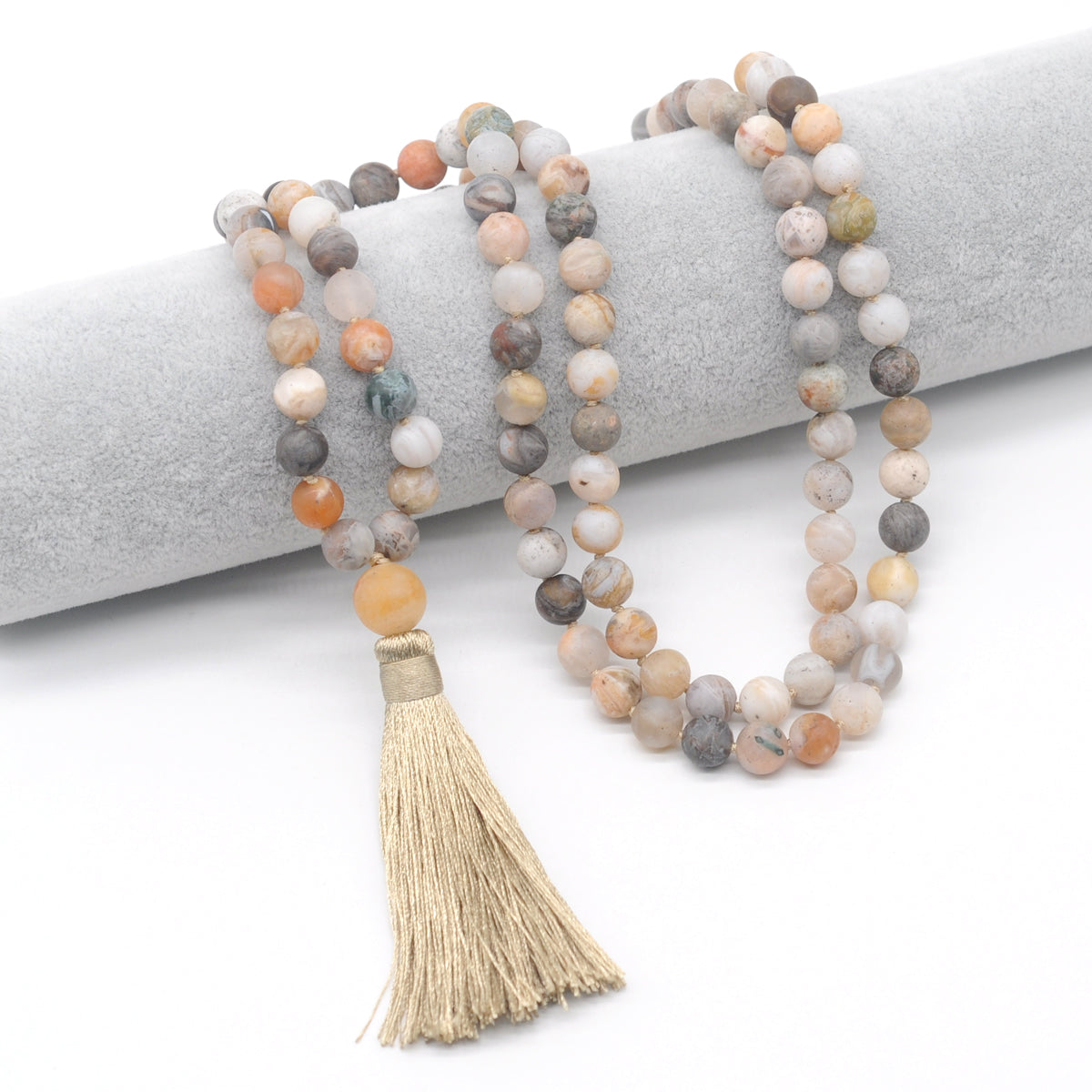 GMN11 Hand-Knotted Matte Bamboo Leaf Agate 108 Beads Mala Necklace