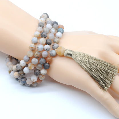 GMN11 Hand-Knotted Matte Bamboo Leaf Agate 108 Beads Mala Necklace