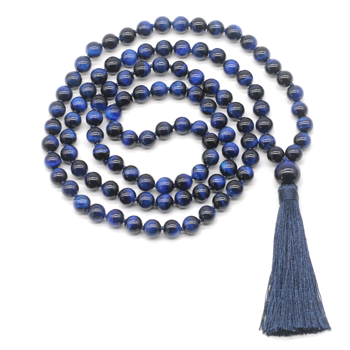 GMN110 Hand-Knotted Smooth Blue Tiger Eye 108 Beads Mala Necklace