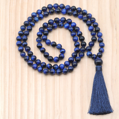 GMN110 Hand-Knotted Smooth Blue Tiger Eye 108 Beads Mala Necklace