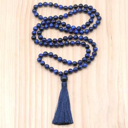 GMN110 Hand-Knotted Smooth Blue Tiger Eye 108 Beads Mala Necklace