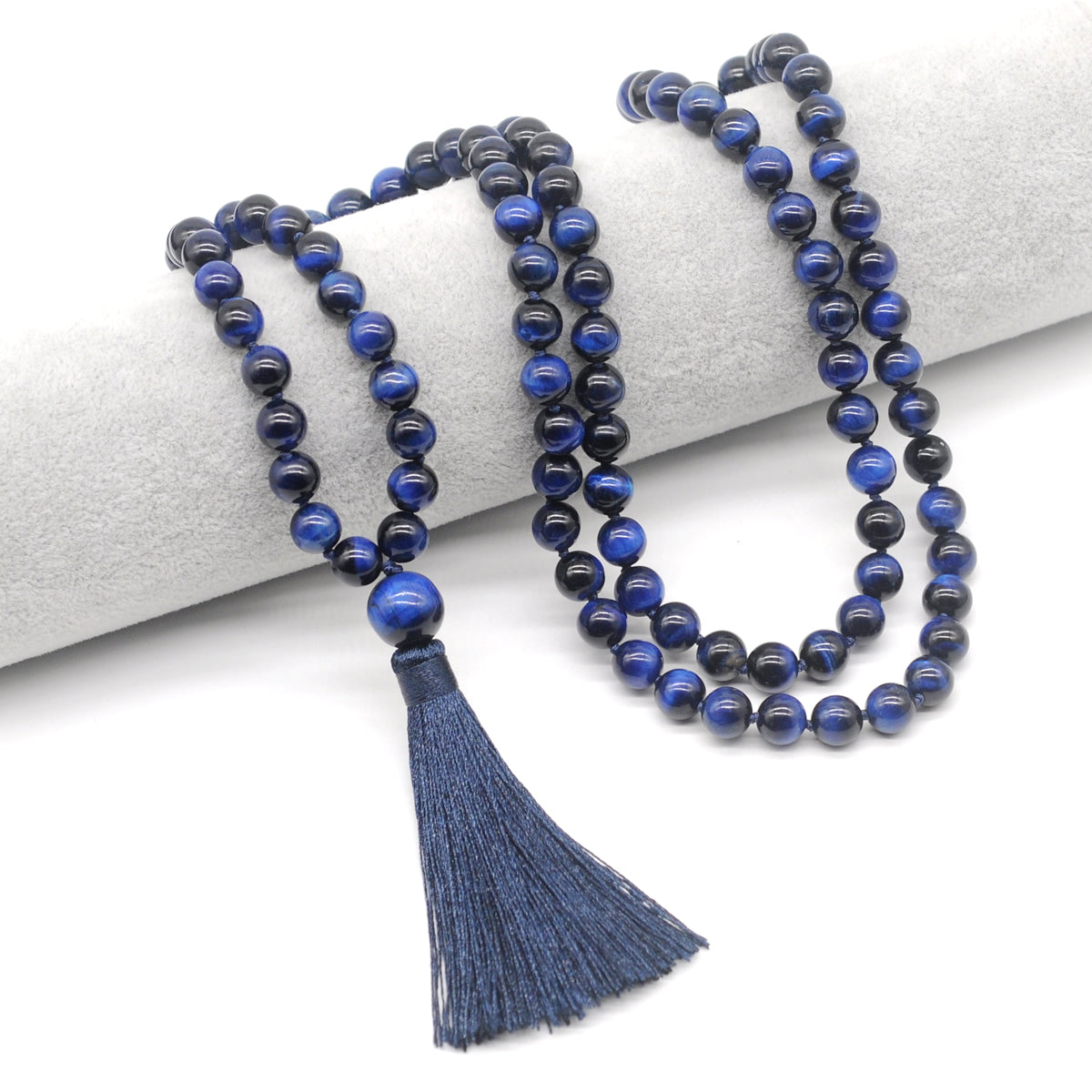 GMN110 Hand-Knotted Smooth Blue Tiger Eye 108 Beads Mala Necklace