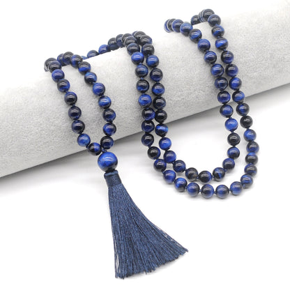 GMN110 Hand-Knotted Smooth Blue Tiger Eye 108 Beads Mala Necklace