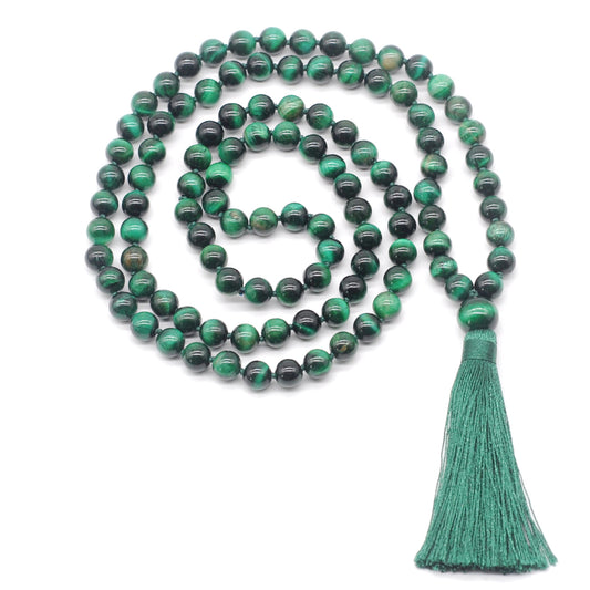 GMN111 Hand-Knotted Smooth Green Tiger Eye 108 Beads Mala Necklace