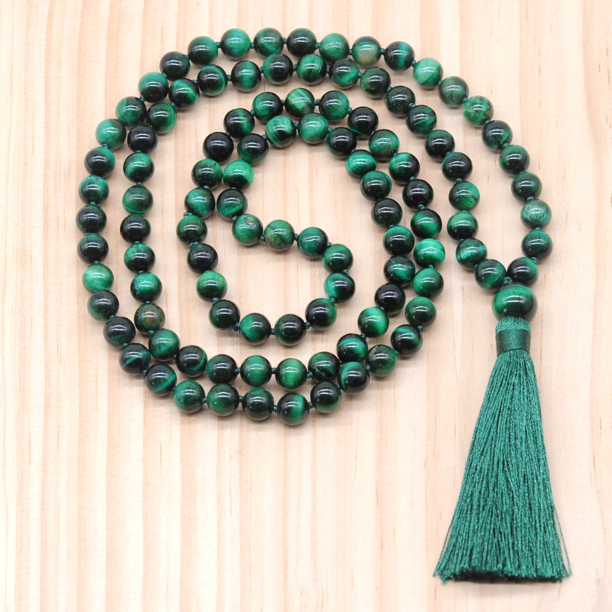 GMN111 Hand-Knotted Smooth Green Tiger Eye 108 Beads Mala Necklace