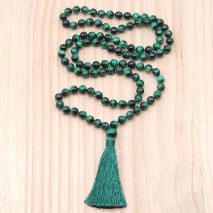 GMN111 Hand-Knotted Smooth Green Tiger Eye 108 Beads Mala Necklace