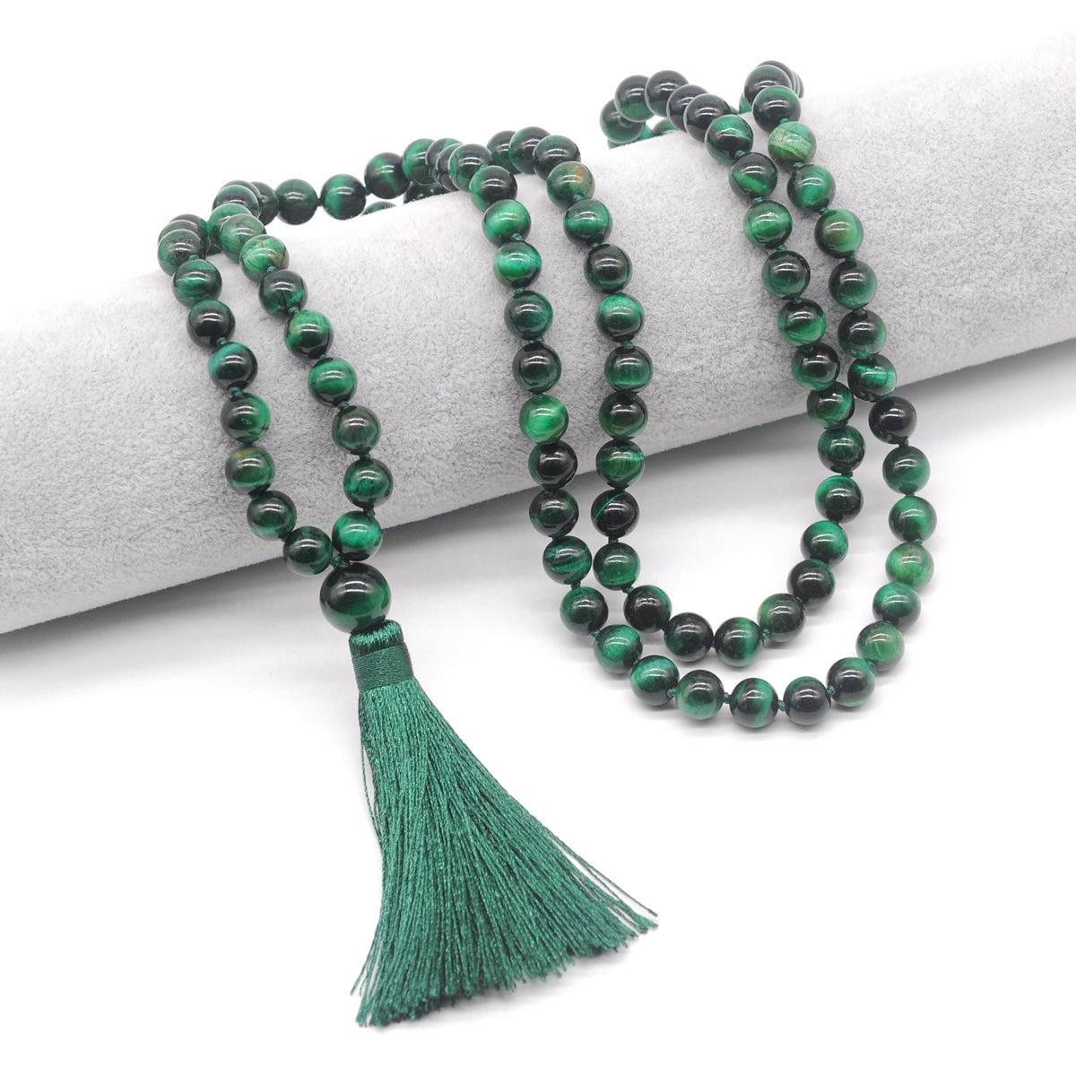 GMN111 Hand-Knotted Smooth Green Tiger Eye 108 Beads Mala Necklace