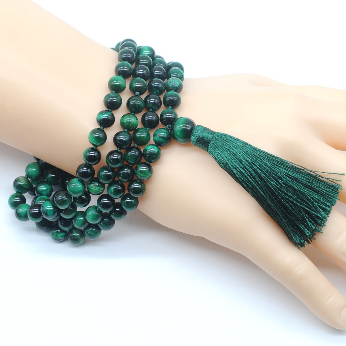 GMN111 Hand-Knotted Smooth Green Tiger Eye 108 Beads Mala Necklace