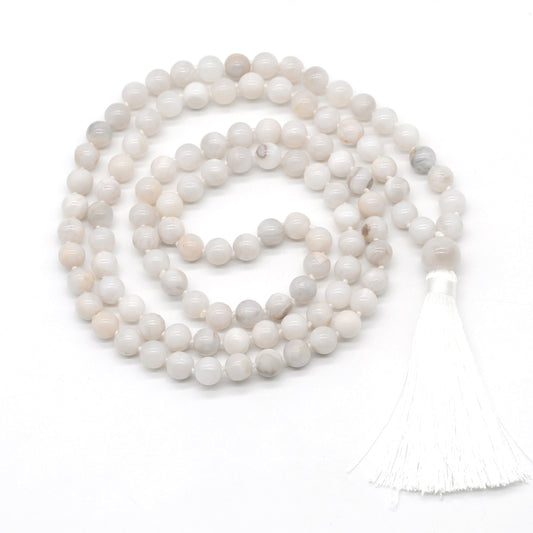 GMN115 Hand-Knotted Smooth White Crazy Agate 108 Beads Mala Necklace