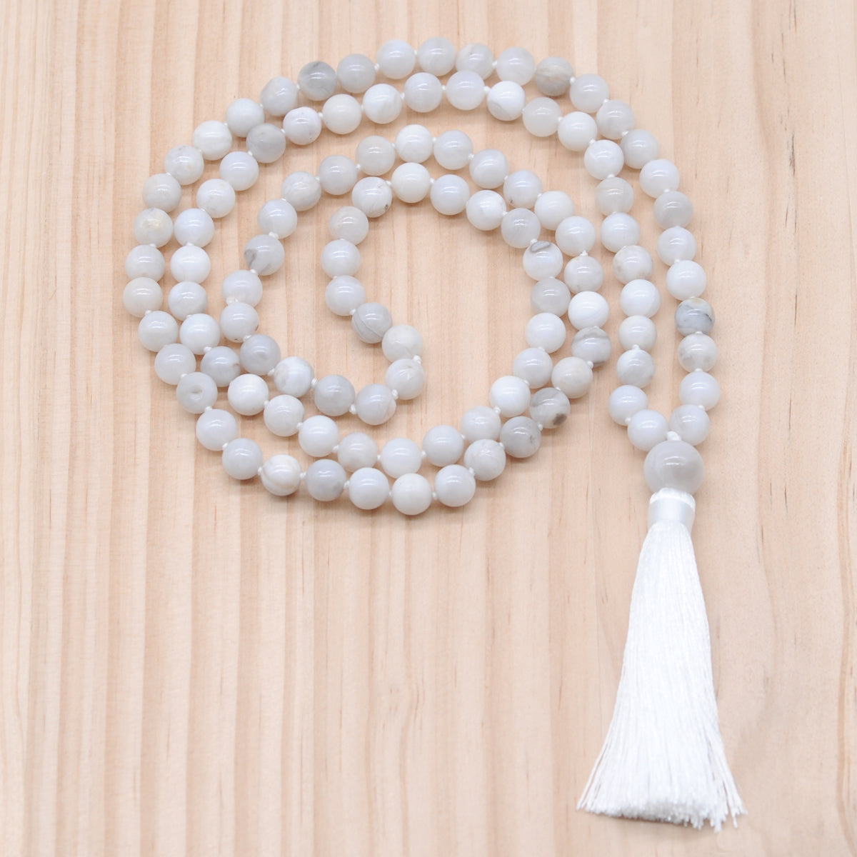 GMN115 Hand-Knotted Smooth White Crazy Agate 108 Beads Mala Necklace