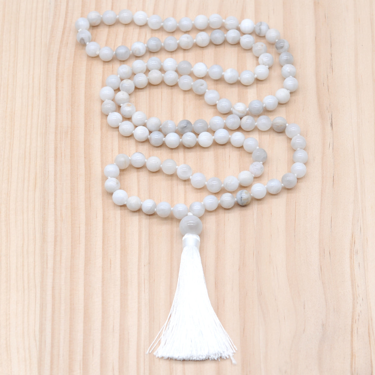 GMN115 Hand-Knotted Smooth White Crazy Agate 108 Beads Mala Necklace