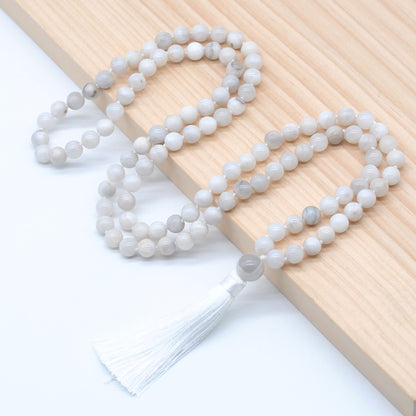 GMN115 Hand-Knotted Smooth White Crazy Agate 108 Beads Mala Necklace