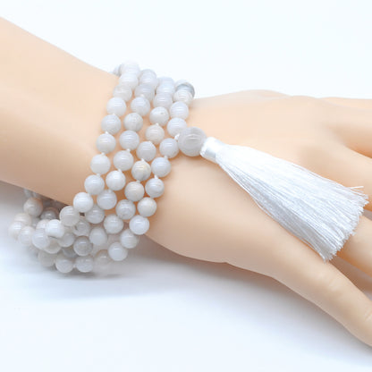 GMN115 Hand-Knotted Smooth White Crazy Agate 108 Beads Mala Necklace