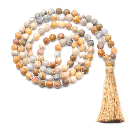 GMN116 Hand-Knotted Smooth Yellow Crazy Agate 108 Beads Mala Necklace